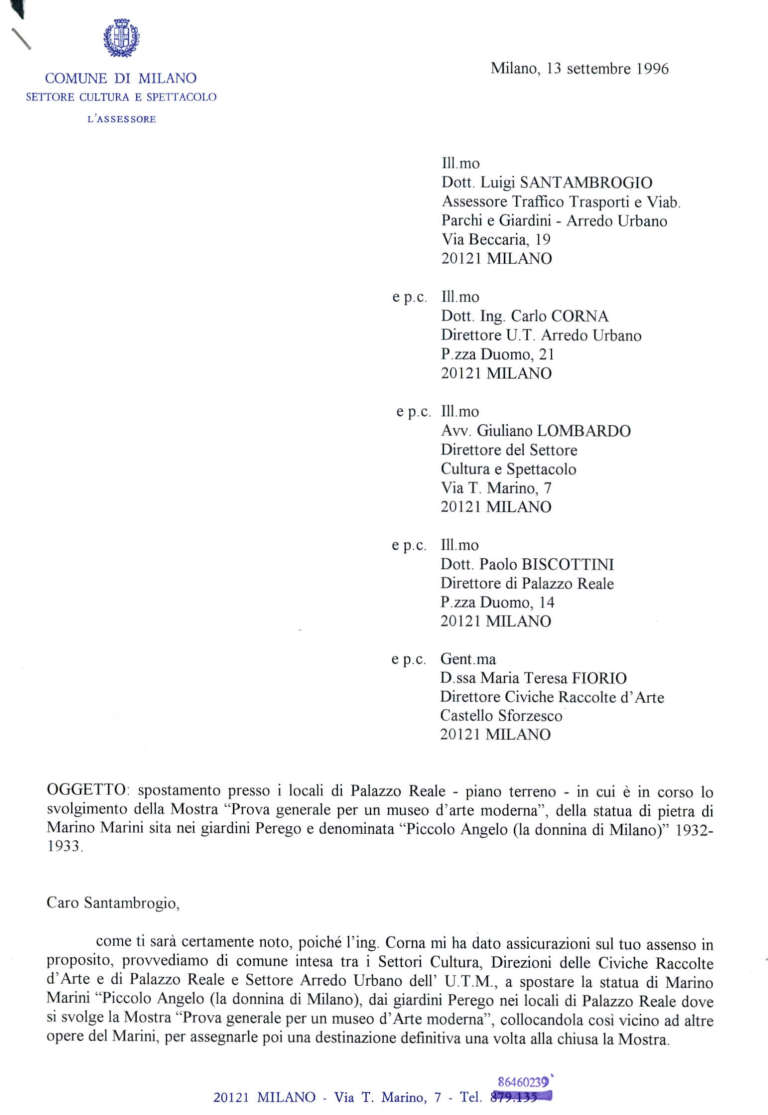 Lettera firmata da Daverio relativa all’organizzazione della mostra “Prove generali per un museo d’arte contemporanea” del 1996