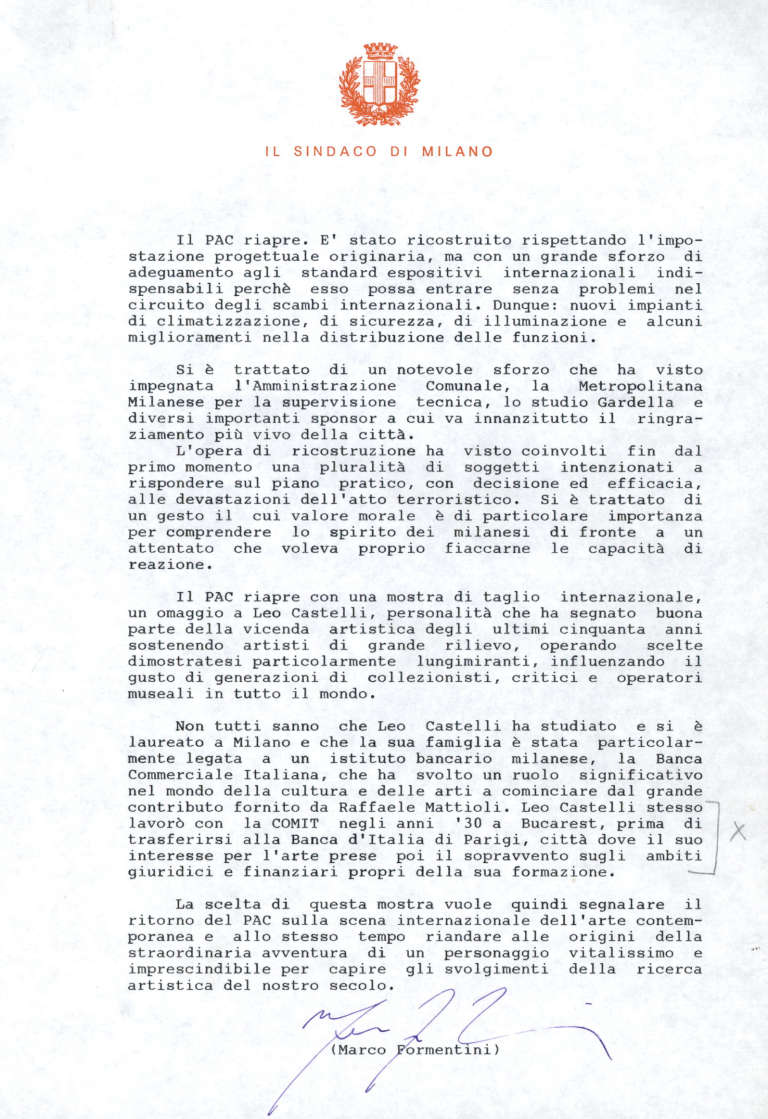 Testo introduttivo alla mostra firmato dal sindaco Marco Formentini